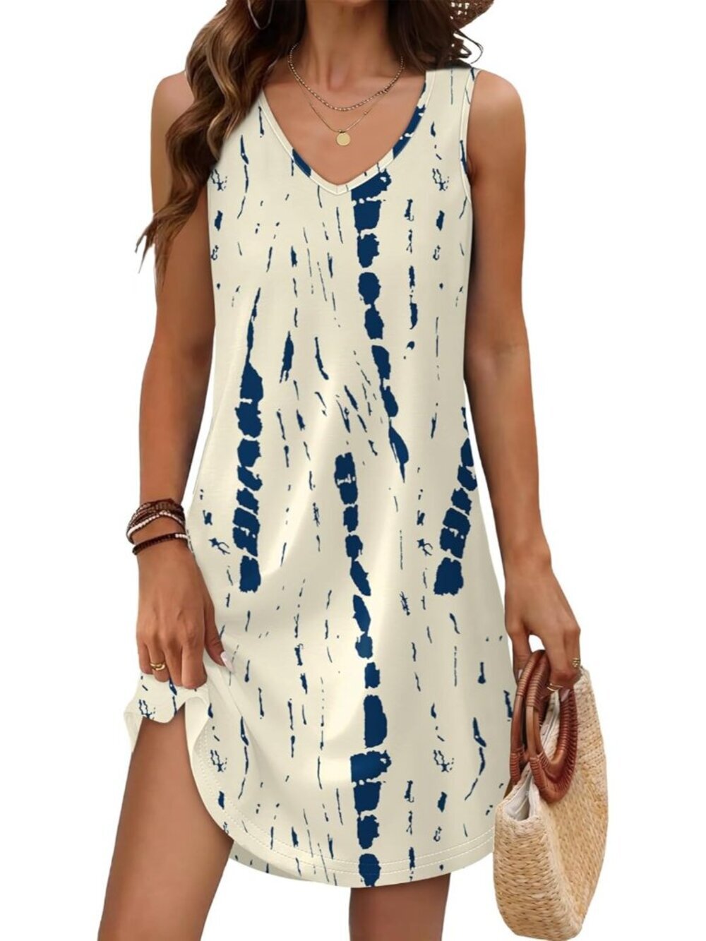 Women's Summer Dress Ripple V Neck Sleeveless Dress Sundresses Swimsuit Coverup